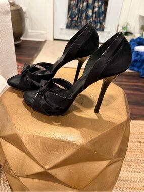 Dior Black Satin Open-Peep Toe High Heel Pumps with Bow Accent